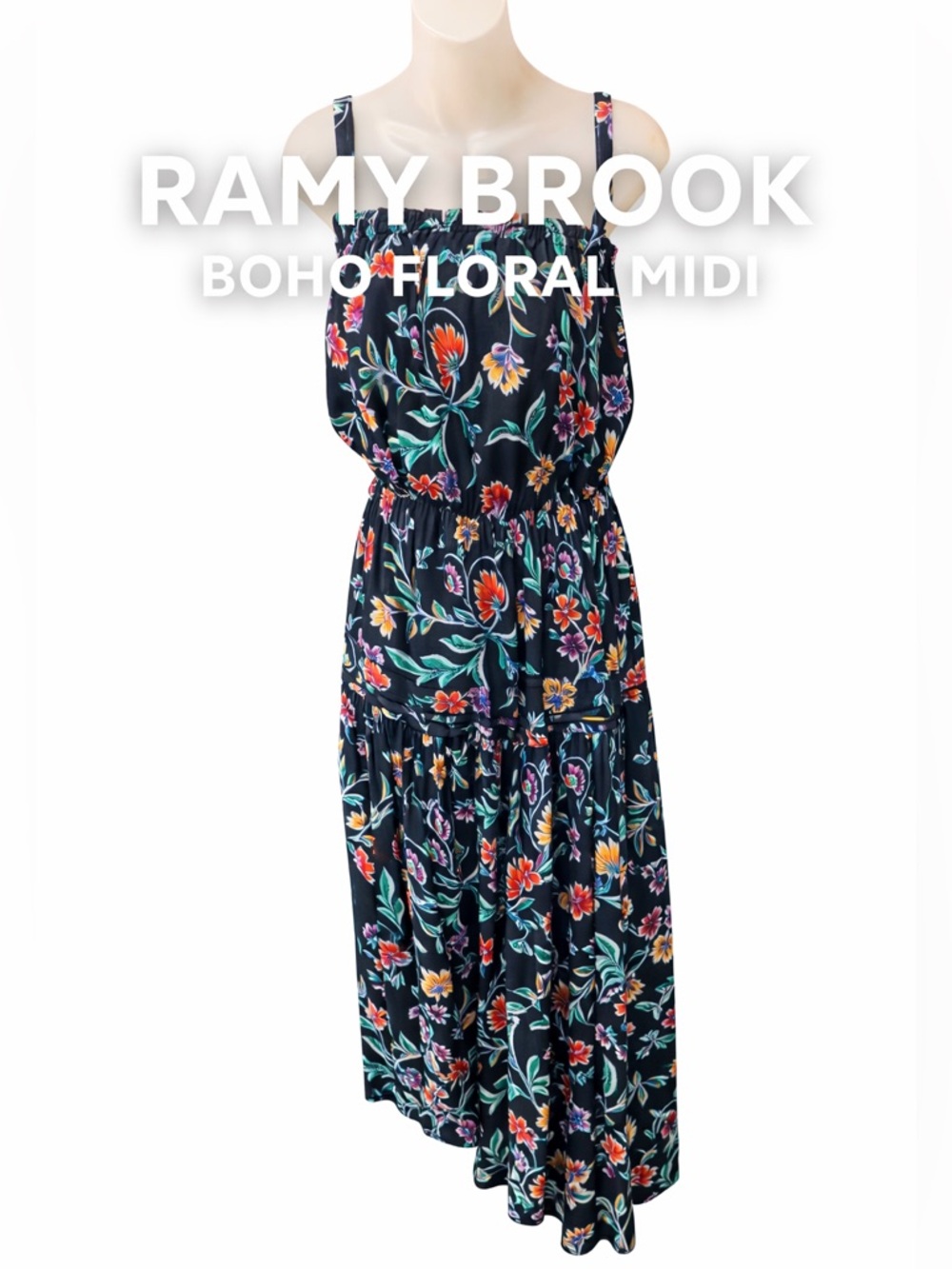 Ramy Brook Floral Tiered Midi Dress Small Black Boho Adjustable Strap Resort - Picture 5 of 9